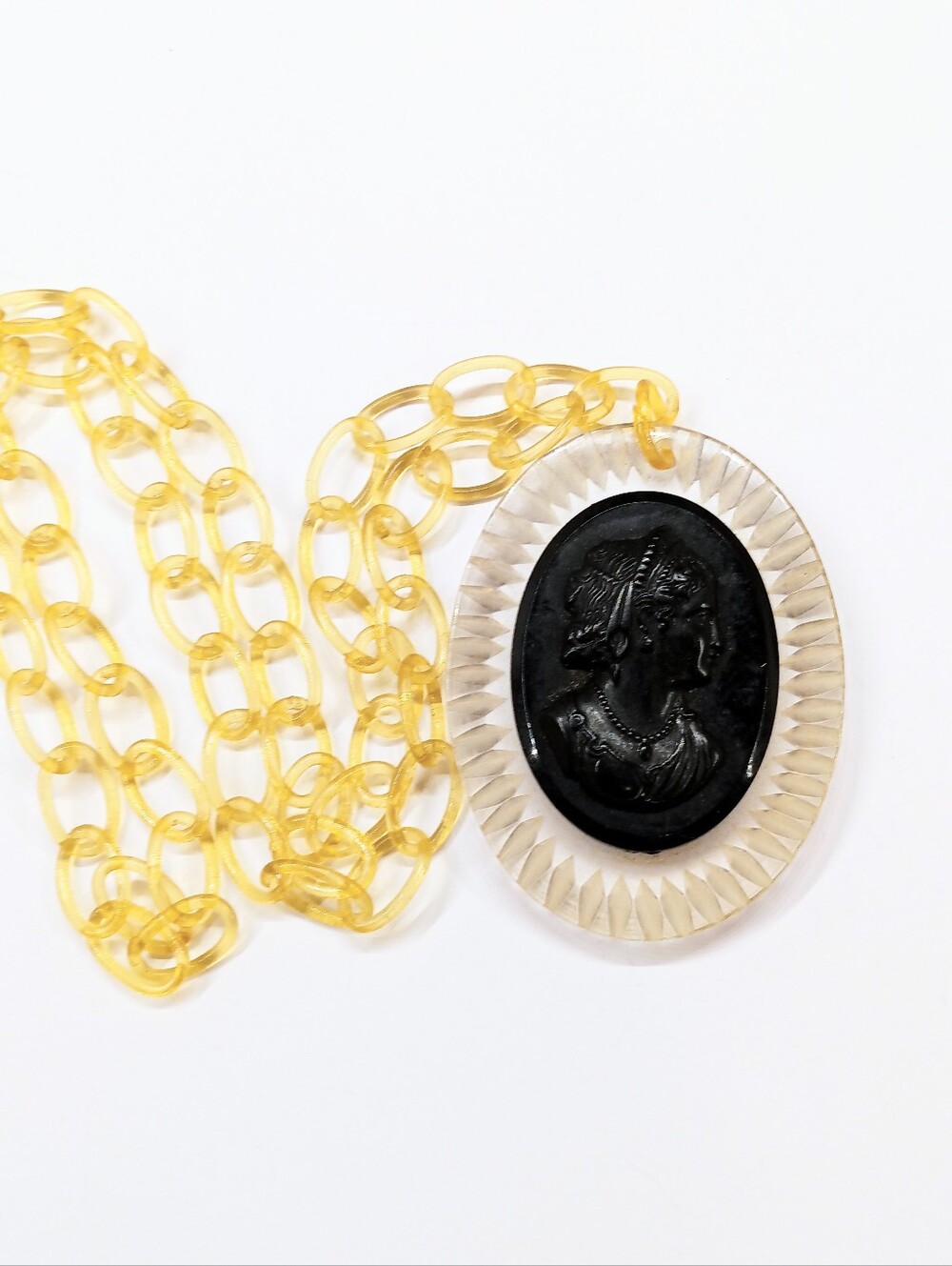 Vintage Art Deco Era Reverse Carved Cameo Necklace Celluloid Lariat